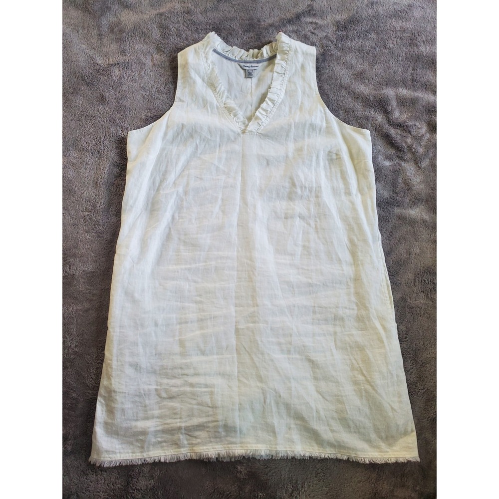 Tommy Bahama Two Palms Ruffled White Linen Shift Dress Pockets V-Neck XL Beach - Picture 2 of 10
